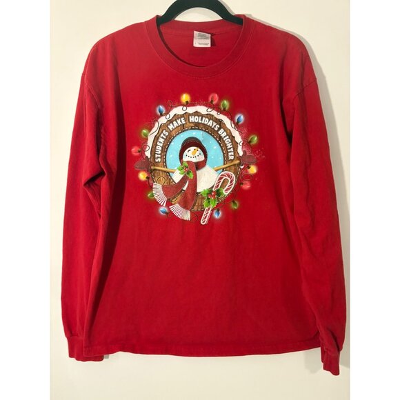 Gildan Red Snowman Long Sleeve T-Shirt L Says‎ Students Make Holidays Brighter - Picture 1 of 5